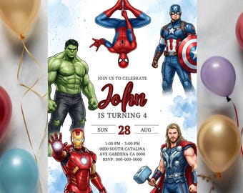 Modèle d'invitation d'anniversaire super-héros Avengers modifiable, invitation imprimable pour enfants, modèle Canva
