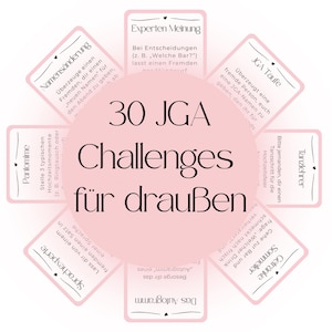 Könnte beinhalten: Ein Set aus 30 Spielkarten, die kreisförmig angeordnet sind, mit einem großen rosa Kreis in der Mitte, der den Text 30 JGA Challenges für draußen trägt. Jede Karte enthält deutschen Text und kleine Herzsymbole für verschiedene Aufgaben.