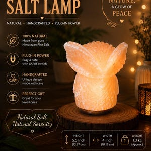 May include: An owl-shaped Himalayan pink salt lamp with a warm orange glow. Text includes: Bring Nature's Glow, HIMALAYAN SALT LAMP, A TOUCH OF NATURE, A GLOW OF PEACE, Natural Salt, Natural Serenity, and dimensions of 13.97 cm height and 10.16 cm width.