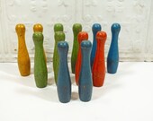 Twelve Colorful Vintage Wooden Skittle Bowling Game Pins