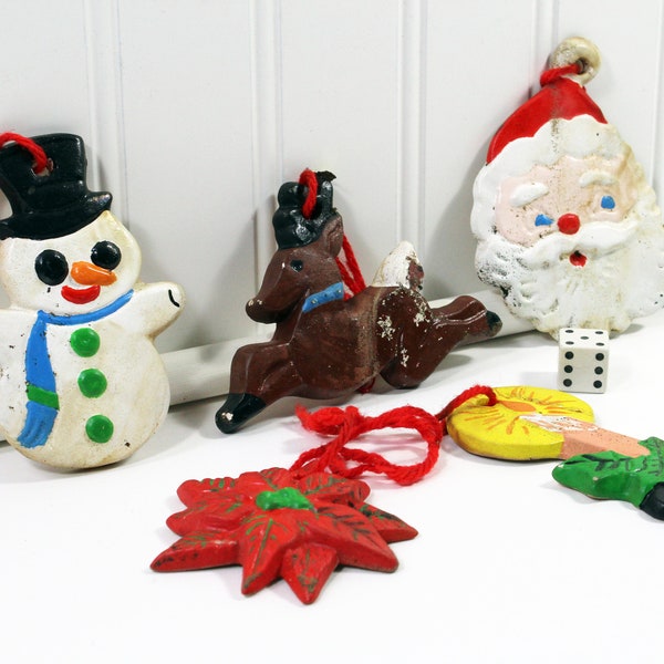 Five Vintage Handmade Plaster "Dough" Christmas Ornaments; Snowman, Santa, Reindeer Ornaments