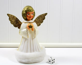 Vintage Gold Glitter Plastic Angel Blow Mold Tree Topper, Made in Hong Kong