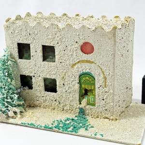 Vintage White Mica Putz Christmas House with Scalloped  Roof and  Sponge Tree, Made in Japan