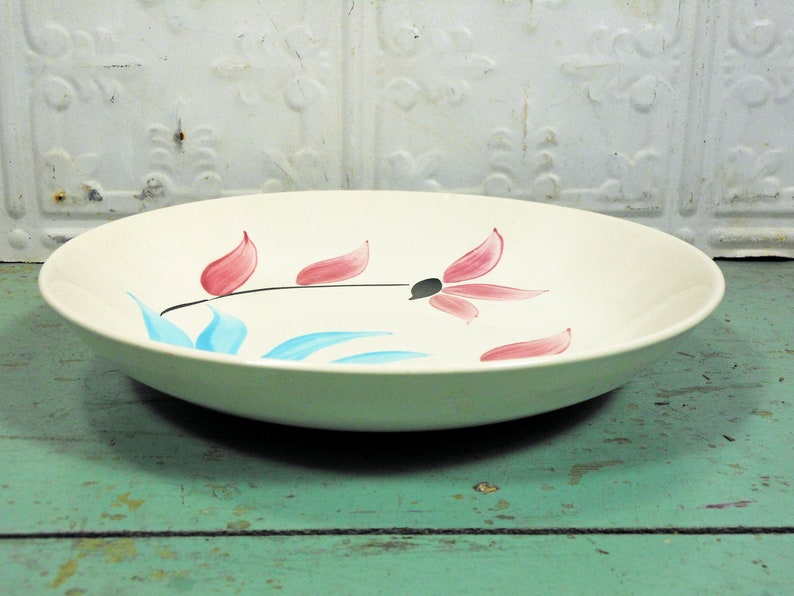 Vintage Blue Ridge Pottery Serving Bowl; Pink /& Black Flowers Blue