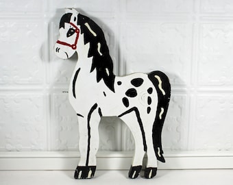 Vintage Wooden Folk Art Pony, Black and White Horse Primitive Yard Art