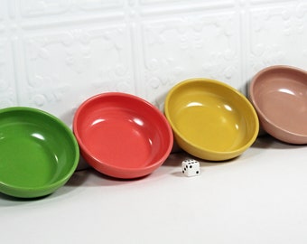 Four Mid Century Harmony House Catalina Melmac Dessert Bowls; Pink, Green, Mauve, and Yellow Small Bowls