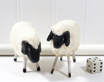 Two Vintage Erzgebirge Soft Sheep with Wooden Legs, Heavy Handmade Putz Nativity Animals