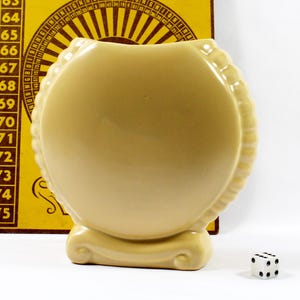 Vintage Art Deco Catalina Island Pottery Scalloped Vase with Scroll Bottom, Peachy Yellow Round Vase