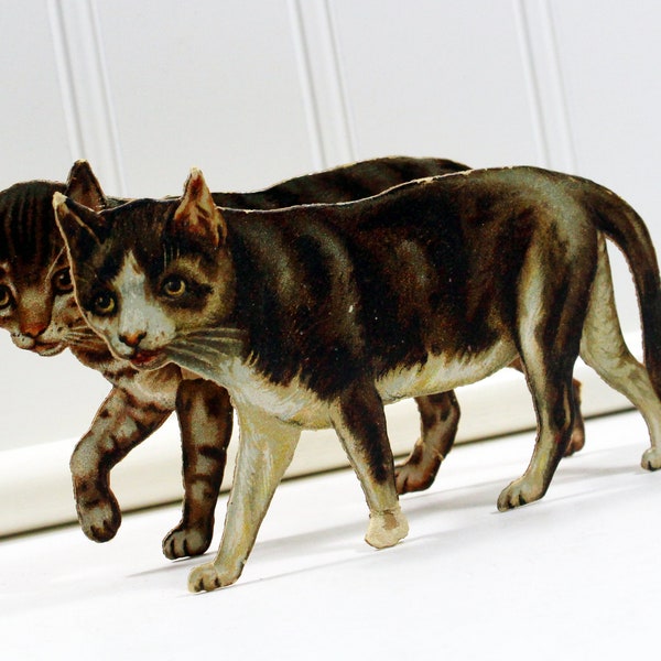 Vintage Lithograph Pair of Cats, Paper Cats Walking Together