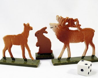 Three Vintage Erzgebirge Wooden Woods Animals; Elk, Rabbit, and Deer