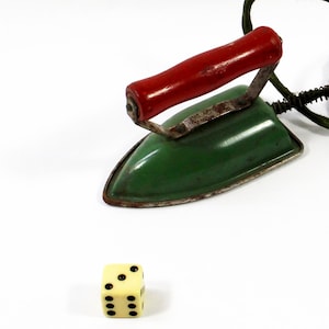 Vintage Green and Red Toy Iron with Green Electric Cord, Wooden and Metal Toy Iron for Display Only