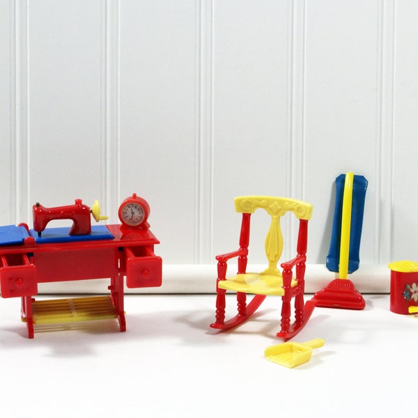6 Pieces of Vintage Yellow, Blue, & Red Renwal Dollhouse Miniature Sewing Room Furniture, Vacuum, Rocking Chair, Phone