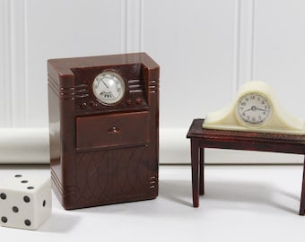 Mantle Clock, Console Radio Phonograph, and Piano Bench; 3 Pieces of Vintage Renwal Dollhouse Furniture