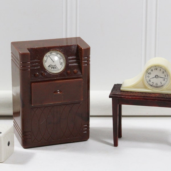 Mantle Clock, Console Radio Phonograph, and Piano Bench; 3 Pieces of Vintage Renwal Dollhouse Furniture