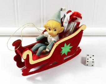 Vintage Red and Green Flocked Christmas Sleigh with Felt Pixie Elf, Made in Japan
