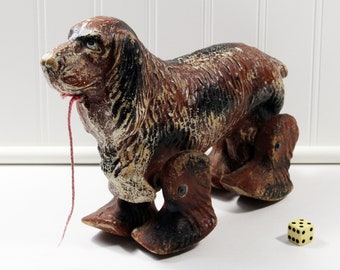 1940s Paper Mache Dog Pull Toy with Moving Legs, Noma See-Em-Walk Toy Cocker Spaniel