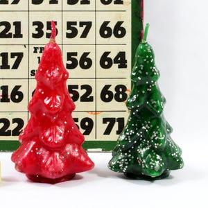 Two Vintage Gurley Christmas Tree Novelty Candles, Green and Red Tree Candles
