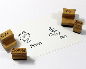 Four Vintage Word and Picture Wooden Handled Rubber Stamps; BEE and FLOWER