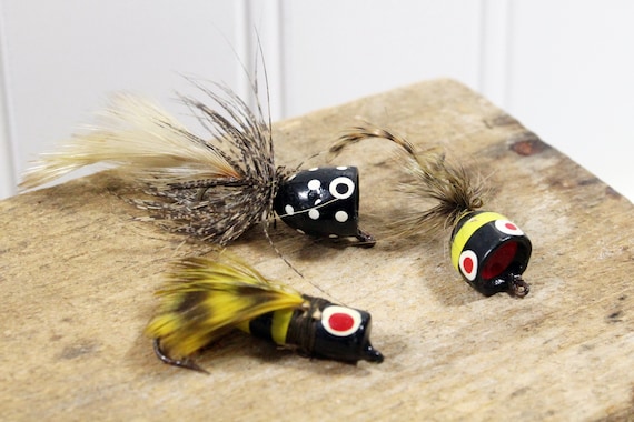 Three Vintage Feather Poppers, Insect Fishing Lures Bees and Bugs