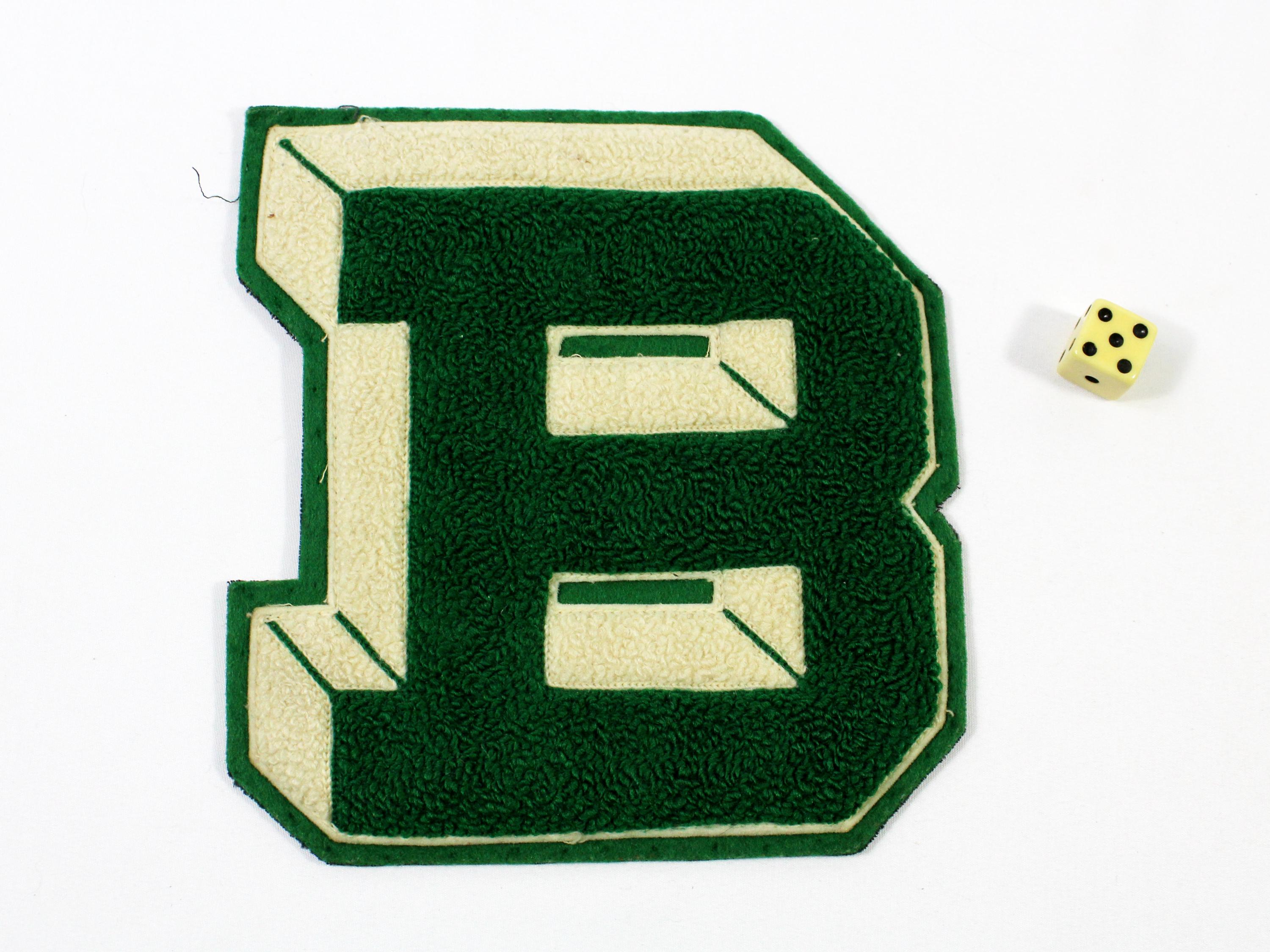 Vintage Green Chenille Varsity Jacket Letter B, Green and White Block B