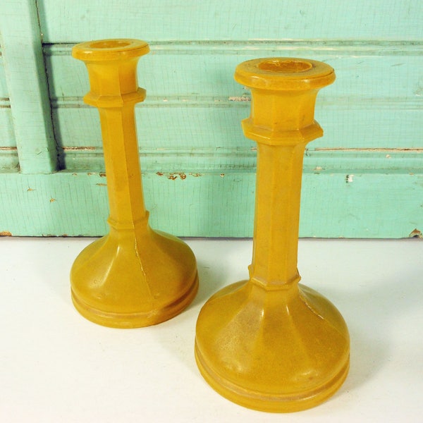 Two Vintage Yellow Glass Candlestick Holders