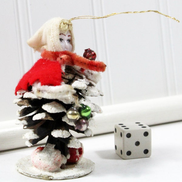 Vintage Frosted Pinecone Christmas Pixie with Red Felt Cape & Pipe Cleaner Scarf and Glass Beads Ornament, Made in Japan