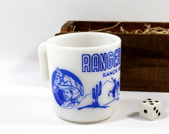 Vintage Milk Glass Ranger Joe Ranch Mug, Blue and White Hazel Atlas Novelty White Glass Mug