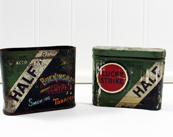 Antique Green and Gold Lucky Strike Half & Half Cut Plug Collapsing Tobacco Tin, It's the Tobacco That Counts