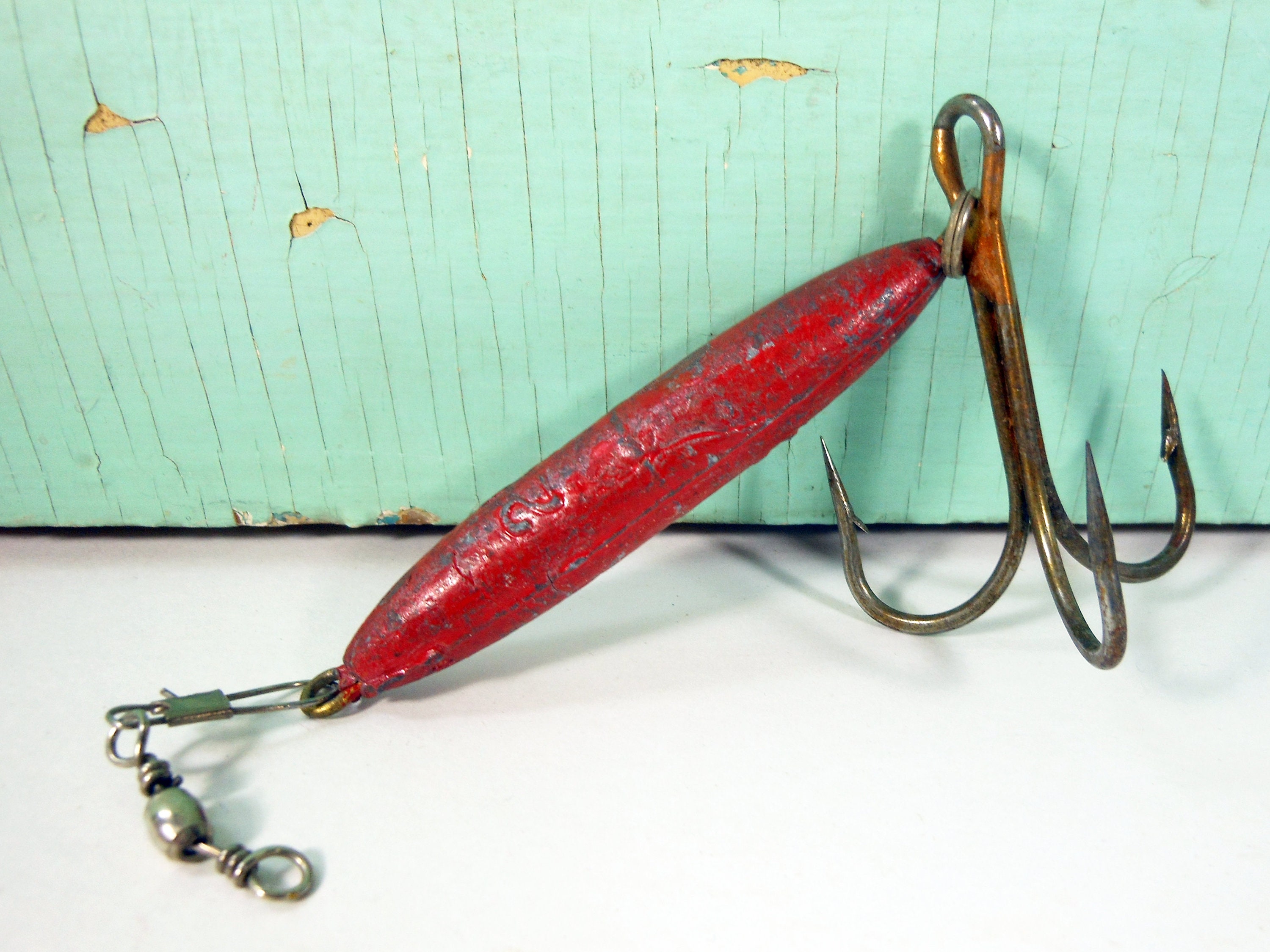 Vintage Fishing Tackle With Large Triple Hook and Heavy Red Sinker -   New Zealand