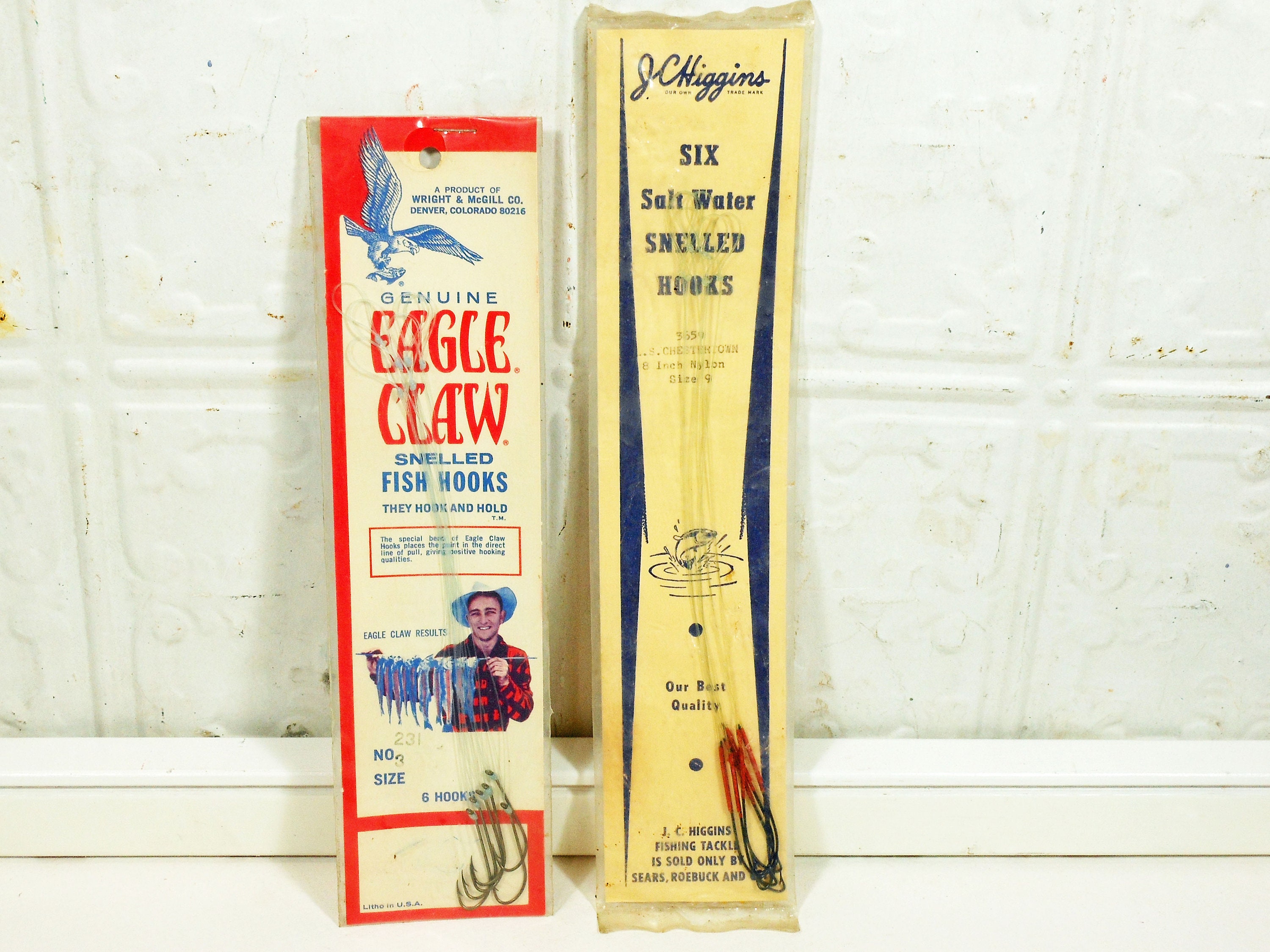 Vintage Snelled Fishing Hooks, Eagle Claw and JC Higgins Salt