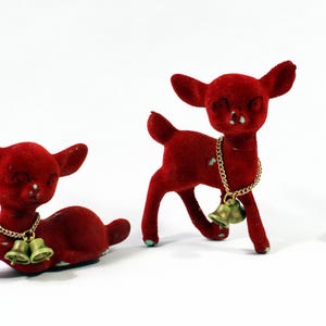 Two IMPERFECT Mid-Century Small Red Flocked Reindeer