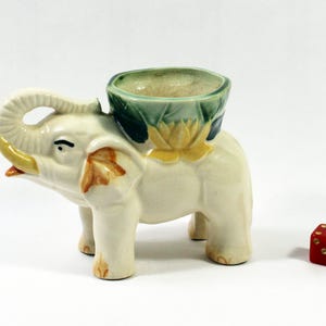 Small Vintage MCM Elephant Planter with Green and Yellow Waterlilies, Ceramic Elephant Planter, Made in Japan