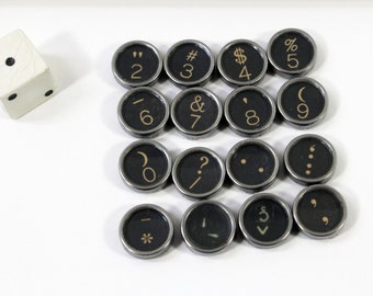 16 Vintage Typewriter Keys, Numbers & Symbols Set of Silver and Black Metal Keys from Vintage Typewriter