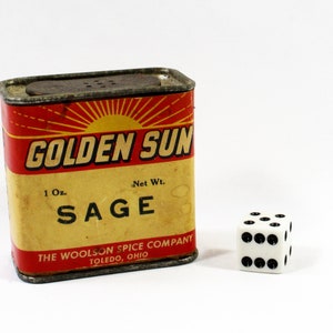 Vintage Golden Sun One Ounce Sage Spice Paperboard Shaker, Red and Yellow Woolson Spice Company Toledo Ohio Paper Labe