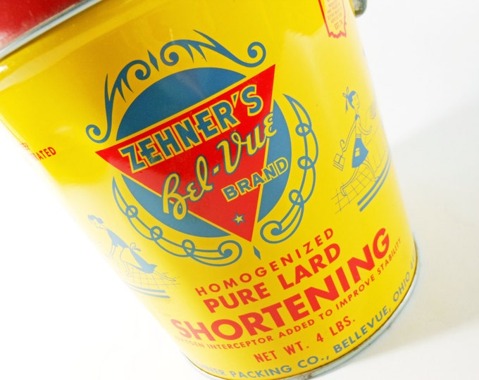 Vintage Red and Yellow Zehner's Belvue Tin Lard Bucket Lard Pail With