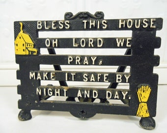 Vintage Black Metal Novelty Napkin Holder, Bless This House, Black and Yellow House Blessing Napkin Rack