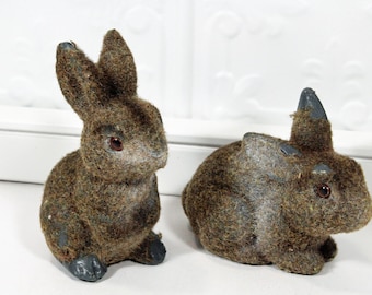 Two Vintage Flocked Brown Rabbits, Fuzzy Bunny Figurine