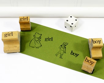 Boy & Girl, Four Vintage Word and Picture Rubber Stamps