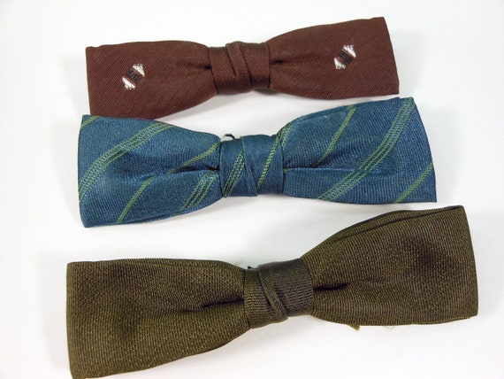 Three Vintage Clip-On Retro Bow Ties; Brown and G… - image 1