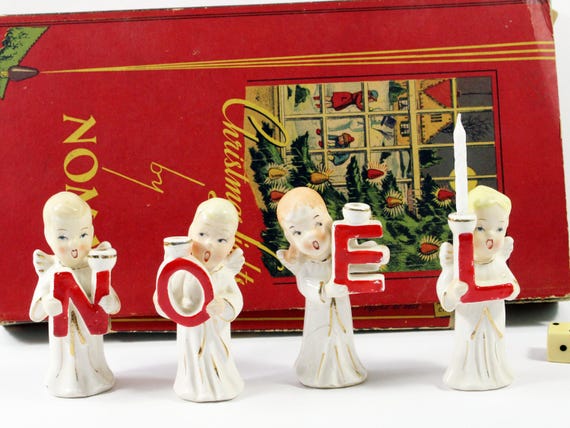 Vintage IMPERFECT Commodore NOEL Singing Angels Candle Holders, 4