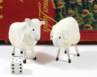 Two Vintage Erzgebirge Soft Sheep with Wooden Legs, Heavy Handmade Putz Nativity Animals