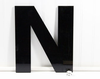Large Vintage Black Acrylic Sign Letter N, 10 1/2" Letter N