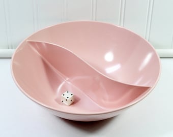 Vintage Pink Melamine Divided Serving Bowl, Mid Century Wave Divided Bowl