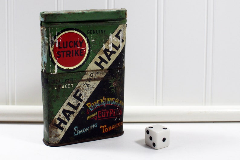 Antique Green and Gold Lucky Strike Half & Half Cut Plug Collapsing Tobacco Tin, It's the Tobacco That Counts image 3