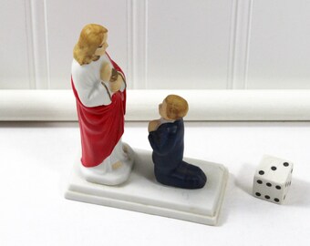 Vintage Porcelain 60s First Communion Figurine, Jesus and Kneeling Boy, SanMyro Japan in Original Box