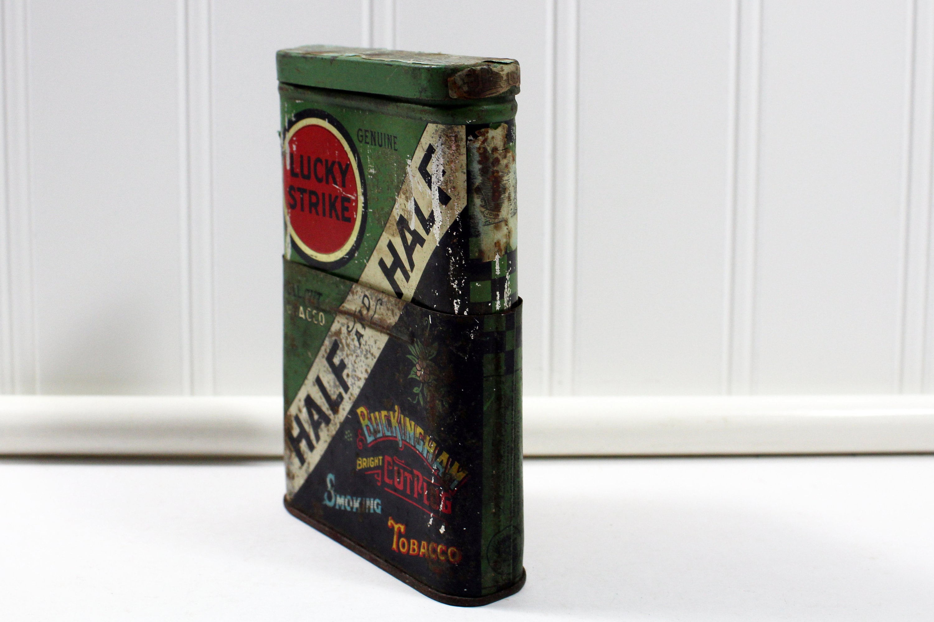 lucky hit tobacco tin Antique Green and Gold Lucky Strike Half & Half Cut Plug Collapsing Tobacco  Tin, It's the Tobacco That Counts