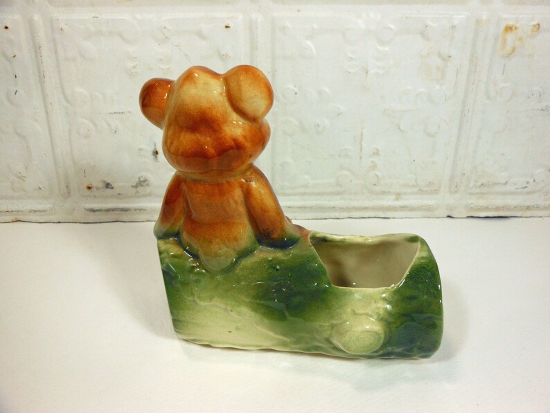 Happy Bear on a Log Planter