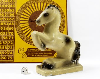 Antique Chalkware Horse Statue, Carnival Prize, Rearing Beige and Black Horse, IMPERFECT