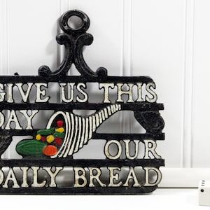 Vintage Metal Kitchen Trivet, &quot;Give Us This Day Our Daily Bread,&quot; with Cornucopia