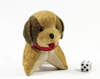 Vintage Small Brown Cordoroy Stuffed Puppy Dog with Missing Eye, Made in Japan